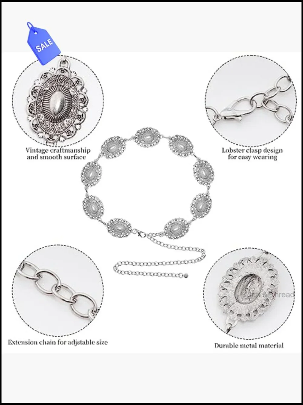 Vintage Oval Concho Chain Belt for Women - Metal Waist Chain for Dresses Jeans